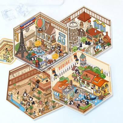 9.0 Penguin Travel Micro - Scene Diorama Stickers, 2.5D Stereoscopic Effect, Mini - Sized And Super Stress - Relieving