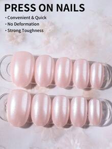 24片椭圆形金属光泽3D美甲贴纸，包含粉色闪粉设计，适用于亚克力指甲，附赠1瓶凝胶胶水和1把指甲锉，适合女性日常佩戴和派对妆容。 - 彩色 - 查看 2