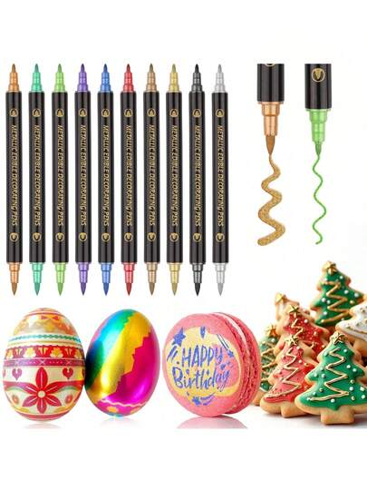 Edible Metallic Markers, Upgrade Grade Metallic Markers Gold Shimmering Pens, Double Sided Tip Coloring Pens For Decorating Cakes, Fondant, Frosting, Easter Eggs, Macaron