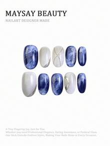 10pcs Middle Oval Fake Nails With Deep Blue Smudge Texture & Silver Glitter Tone Elegant Golden Line & Fine Glitter Elements Design Shiny 100% Handmade Press On Acrylic Nails Reusable Nail Supplies Including 1pc Jelly Glue,1pc Stick And 1pc Nail File For Women's Daily Or Party Wear - Multicolor - View 2