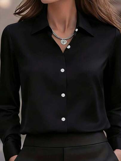大码女士缎面翻领衬衫，优雅办公室长袖上衣