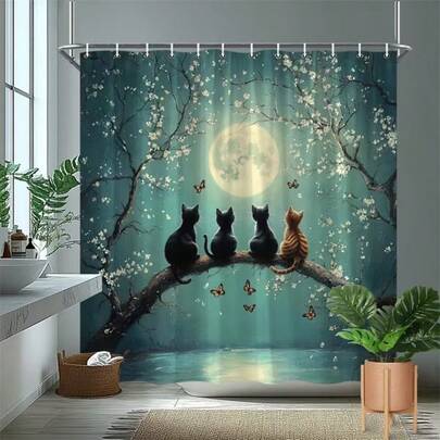 1pc Moonlight Cat Shower Curtain, Surreal Fantasy Digital Art With 4 Cats, Floral Branches, Glowing Full Moon & Butterflies, Machine Washable Polyester Material With Hooks, Unique Housewarming Gift, Bathroom Decor