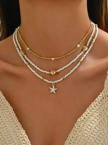 3pcs Set Handmade Bead & Faux Pearl Linked Golden Starfish & Shell Necklace, Minimalist Style Jewelry For Women, Suitable For Daily Wear And Beach Vacation - Multicolor - View 6