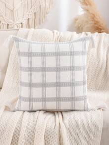 1 Stück/2 Stück Leinen Jacquard Dekorative Kissenbezüge, kariertes geometrisches Muster für Wohnzimmer, Schlafzimmer, Landhausstil Heimdekoration mit Quasten - Grau - Übersicht 9