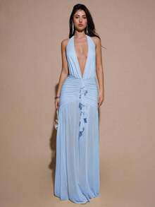 2026 Dresses For WomenBAE Sexy Minimalist Solid Yellow Cream Deep V-Neck Halter Bodycon Ruched Fitted Women's Maxi Mesh Dress, Suitable For Party, Cocktail, Formal Occasions, Bridesmaid, Birthday, Business Casual, Elegant Women Maxi Dress,Valentine's Day,Valentine Fits For WomenLoose And Comfortablevestidos - 淺藍色 - 查看 3