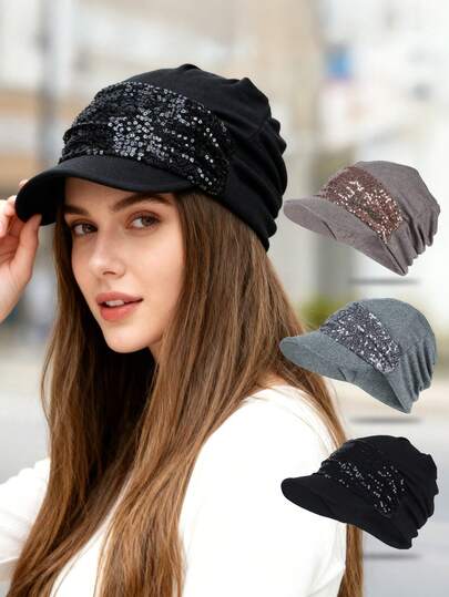 1pc Women's Sequin Visor Beanie Hat - Elegant Casual Slouchy Knit Cap With Brim For Daily Wear, Outdoor Activities & Travel (Multiple Colors)
