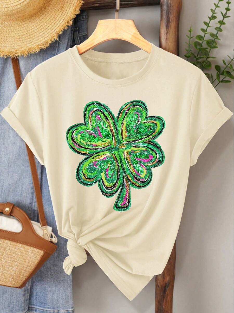 (St. Patrick's Day) Green Pink Black Glitter Texture Design Four-Leaf Clover Pattern Print Fashion Elegant Women's Spring Summer Autumn Casual Sports Style Top Soft Comfortable Round Neck Short Sleeve T-Shirt Available In S-XXL - 杏色 - 查看 1