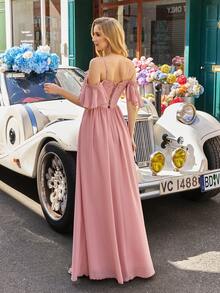 女士正式雪纺连衣裙，细肩带，露背设计，优雅高开衩 - 粉色 - 查看 3