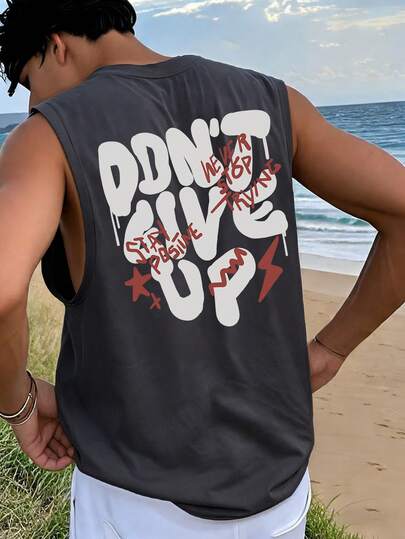 Summer New Men's Street Fashion Inspirational Slogan Print Loose Fit Crew Neck Casual Tank Top