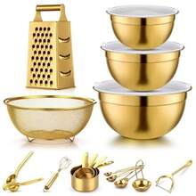 Juego de 10 Accesorios de Cocina Dorados LemonRoad, Incluye Cuencos de Mezcla con Tapas Herméticas, Colador, Rallador, Exprimidor de Limón, Peladores y Batidor de Huevos, Acero Inoxidable - Dorado - Ver 2