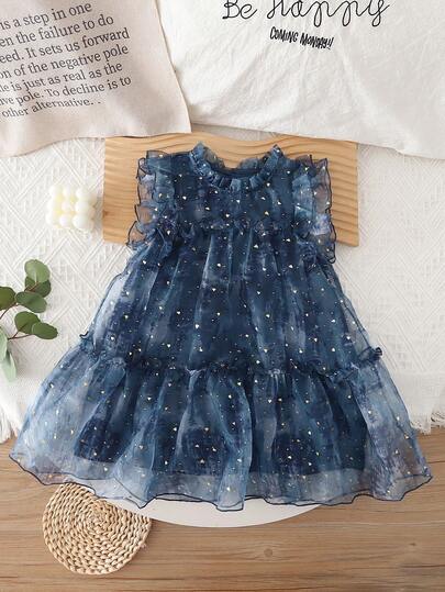 Girls' Star Print Princess Tulle Cake Dress, Holiday Outfit, Birthday Gift, Party Wear