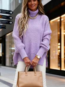 Solid Side Slit Knit Sweater, Casual Long Sleeve Crew Neck Top For Fall & Winter, Women's Plus Size Clothing    Solid Color Stand Neck Pullover Sweater, Elegant Side Split Long Sleeve Knitted Sweater For Fall & Winter, Women's Clothing     Women's Knitted Sweaters Slit Hem Long Sleeve Round Neck Ribbed Loose Fall Pullovers     Ropa De Invierno Mujer     Women's Sweater  Long Sleeve Tops Women - 紫色 - 查看 5