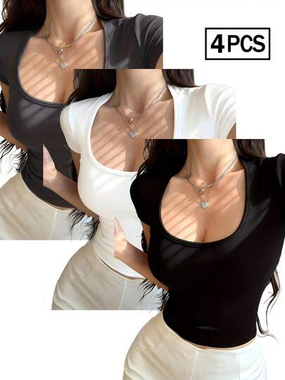 3pcs/Set Women's U-Neck Short Sleeve T-Shirts, Fashionable Solid Color Casual Fitted Cropped Tops For Summer