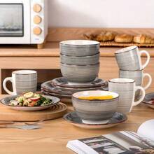 16pcs Stoneware Grey Dinnerware Set With Dinner Plate/ Dessert Plate/ Cereal Bowl/ Mug, Service For 4 - Gray - View 7