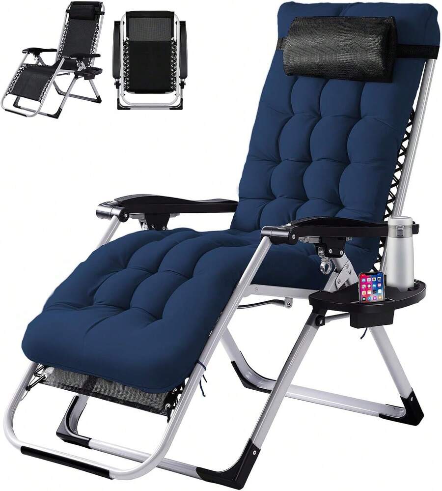 Padded Zero Gravity Chair, Lounge Chair With Removable Cushion & Tray, Folding Reclining Patio Chairs, Recliner Chair For Lawn,Indoor And Outdoor - 藍色 - 查看 1
