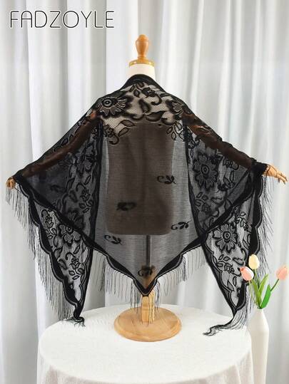 FADZOYLE 1件装三角蕾丝披肩，带流苏，适合晚礼服、晚宴、网纱婚礼等场合，波西米亚风长流苏，四季皆宜，春、夏、秋、冬皆可佩戴，适合日常出行、旅行、婚礼、舞会、宴会、伴娘头巾等场合，女士配饰