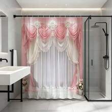 1件装粉白蕾丝荷叶边浴帘，带挂钩，浪漫婚礼浴室浴帘，维多利亚风格花卉浴帘，打造奢华浴室装饰，柔软薄纱蕾丝浴室配件，优雅浴室用品，时尚浴室的奢华之选，高品质浴室浴帘，永恒家居装饰 - 粉紅白 - 查看 4