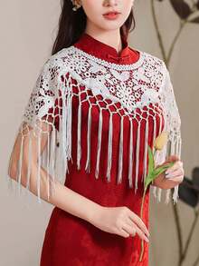 1件套长袍披肩蕾丝流苏新款中国风汉服外套披肩，搭配立领半裙，白色 - 白色 - 查看 3