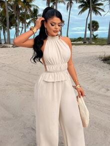 AIJ Amarilo Women's Elegant Casual Spaghetti Strap Pleated Camisole Top And Wide Leg Pants 2-Piece Set, Non-Stretch Fabric Summer - Apricot - View 6