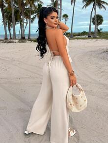 AIJ Amarilo Women's Elegant Casual Spaghetti Strap Pleated Camisole Top And Wide Leg Pants 2-Piece Set, Non-Stretch Fabric Summer - Apricot - View 2