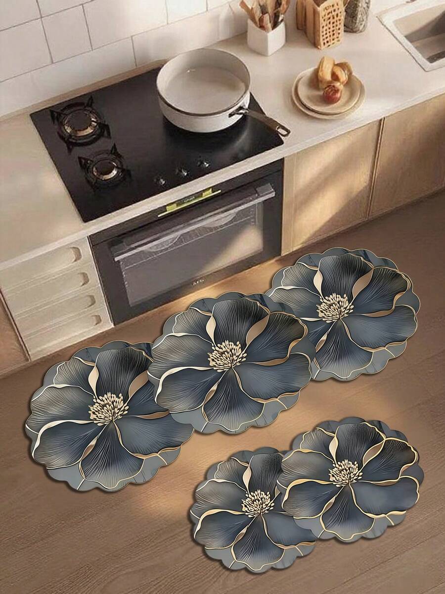 1 Peça Tapete de Cozinha de Silicone com 3 Flores, Tapete de Cozinha, Capacho, Tapete de Chão de Cozinha, Decoração de Capacho, Tapete Pequeno, Tapete Externo, Decoração Doméstica, Tapete de Área, Tapete de Quarto, Tapete Lavável - Multicolorido - Visão 1