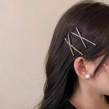 2Pcs/Hanfu Style Hair Clip; Simple Cross-Shaped One-Piece Clip; Water Diamond Hairpin; Bangs Clip; Fringe Clip; Side Clip; Accessory - 金色 - 查看 8