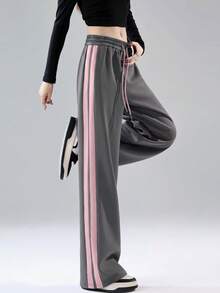 JUTU 春秋紫色炭灰色时尚前卫女式极简条纹直筒裤，2026新款两件套，宽松高腰抽绳长裤 - 1A55紫拼寶藍+煙灰拼粉 - 查看 5