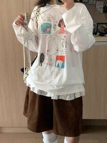 可爱涂鸦印花套头T恤，女士宽松休闲长袖T恤，柔软少女日常上衣 - 白色 - 查看 4