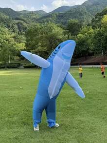 萬聖節表演藍鯊魚充氣服裝趣味道具，逼真可愛，團隊建設派對裝扮，萬聖節聖誕禮物，化裝舞會充氣套裝，尺寸僅供參考，請忽略測量值 - 藍色 - 查看 9