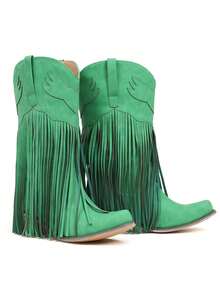 Vintage Fringe Tassel Western Cowgirl Boots For Women Pointed Toe Block Chunky Heels Slip-On Comfy Festival Riding Retro Mid Calf Cowboy Boots Woman - 綠色 - 查看 5