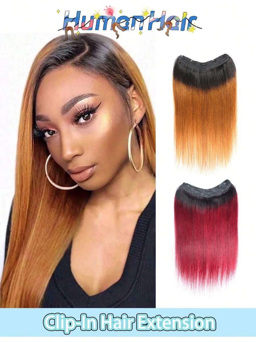 16inch Ombre Auburn Brown One Piece U-Shaped Straight Clip-In Hair Extensions T1B99J Remy Human Hair Clip In Extensions One Piece Straight Weft 14-22 Inch Instant Volume Hair Easy Clip On Application Hair Pieces With 5 Clips - Multicolor - View 1
