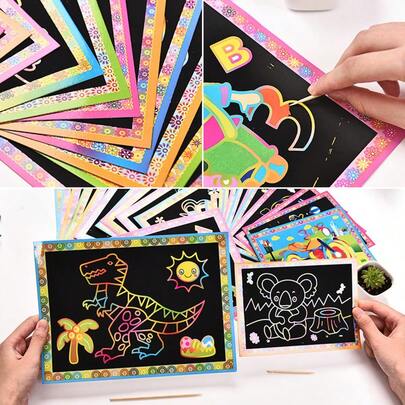 10pcs Wooden Scratch Art Set, Reveal Hidden Colorful Patterns, Suitable For Coloring And Doodling, Provides Endless Creative Drawing Fun, Ideal Gift For Holidays