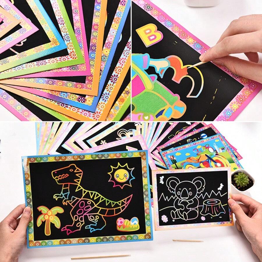 10pcs Wooden Scratch Art Set, Reveal Hidden Colorful Patterns, Suitable For Coloring And Doodling, Provides Endless Creative Drawing Fun, Ideal Gift For Holidays - Multicolor - View 1