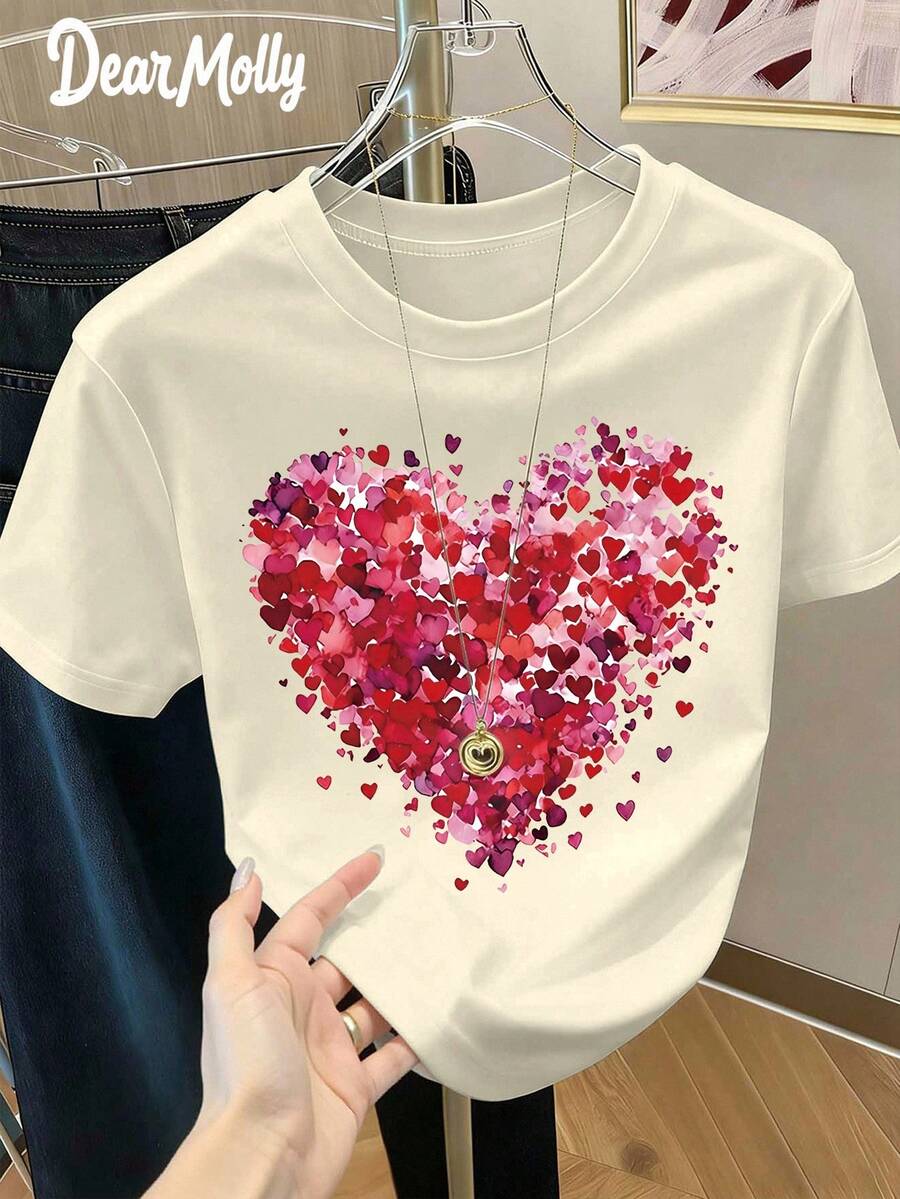 DEAR MOLLY 情人节爱心笔触印花升华女式T恤，俏皮水彩爱心圆领短袖T恤，时尚休闲日常穿着，情人节送给她的礼物 - 杏色 - 查看 1