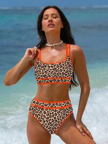 popvil Leopard Print Contrast Trim Bikini Set, Summer Vacation - Multicolor - View 6