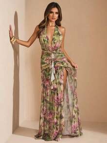 2026 Dresses For WomenBAE Sexy Minimalist Solid Yellow Cream Deep V-Neck Halter Bodycon Ruched Fitted Women's Maxi Mesh Dress, Suitable For Party, Cocktail, Formal Occasions, Bridesmaid, Birthday, Business Casual, Elegant Women Maxi Dress,Valentine's Day,Valentine Fits For WomenLoose And Comfortablevestidos - 綠色 - 查看 4