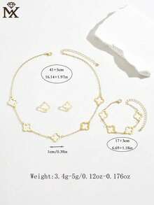 1 Set 925 Sterling Silver Fashionable Simple Leaf, Grass & Flower Necklace, Earring & Bracelet Set Valentines,Mom,Mother,Mother's Day,Gift - Yellow Gold - View 3