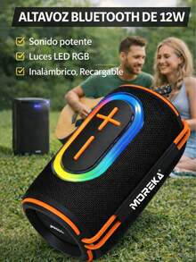 MOREKA Portable Bluetooth Speaker, 12W Subwoofer, 2000mAh Battery For Long Playtime, USB Charging, Color Changing LED Light - Black - View 1
