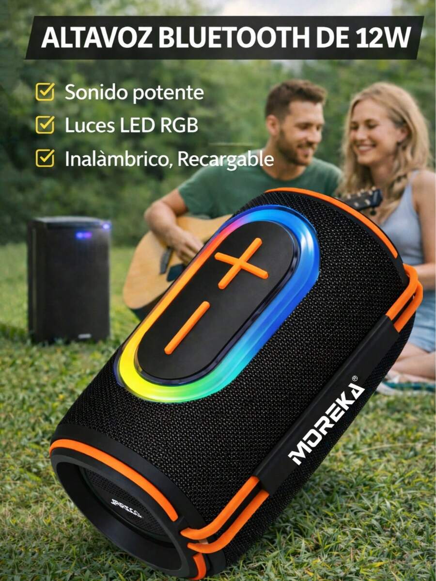 MOREKA Portable Bluetooth Speaker, 12W Subwoofer, 2000mAh Battery For Long Playtime, USB Charging, Color Changing LED Light - Black - View 1