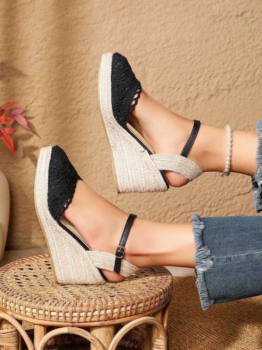 透气闭趾时尚休闲绳编坡跟女凉鞋 - 黑色 - 查看 1