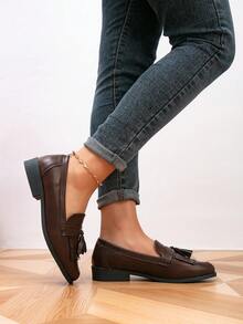 女士乐福鞋，圆头平底流苏乐福鞋，户外复古一脚蹬鞋，女鞋，休闲鞋 - 銅色 - 查看 3