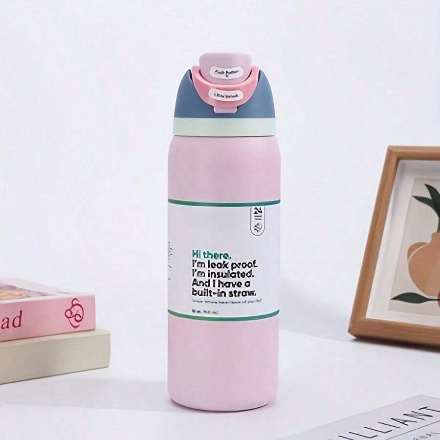 24oz /32oz Stainless Steel Insulated Water Bottle With Straw, Portable Coffee Mug Suitable For Hot & Cold Drinks, Fitness And Cycling Water Bottle, Leak-Proof Lid Travel Cup For Camping, Hiking, Driving, Outdoor Activities - 淺粉 - 查看 1