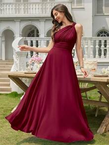 Volly Toych Off-The-Shoulder Ruched Chiffon Elegant Long Formal Bridesmaid Dress, Suitable For Wedding Guests - Burgundy - View 5