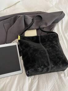 【复古水洗托特包 - 做旧五金单肩包，适合成熟女性，多隔层防水，焦糖棕色极简风格，适合通勤、上学、逛街，四季皆宜】 - 黑色 - 查看 7