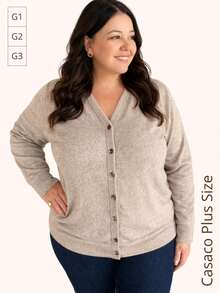 Casaco botões plus size de lanzinha inverno quentinho - Bege - Visão 6