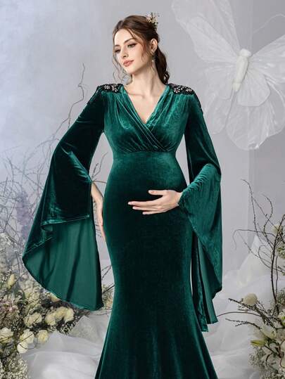 Elegant Maternity Overlay Neckline Long Sleeve Bell Sleeve Maxi Party Gown | Velvet Fabric, Bell Sleeve With Flowing Cuffs, Shoulder Fringe Appliques