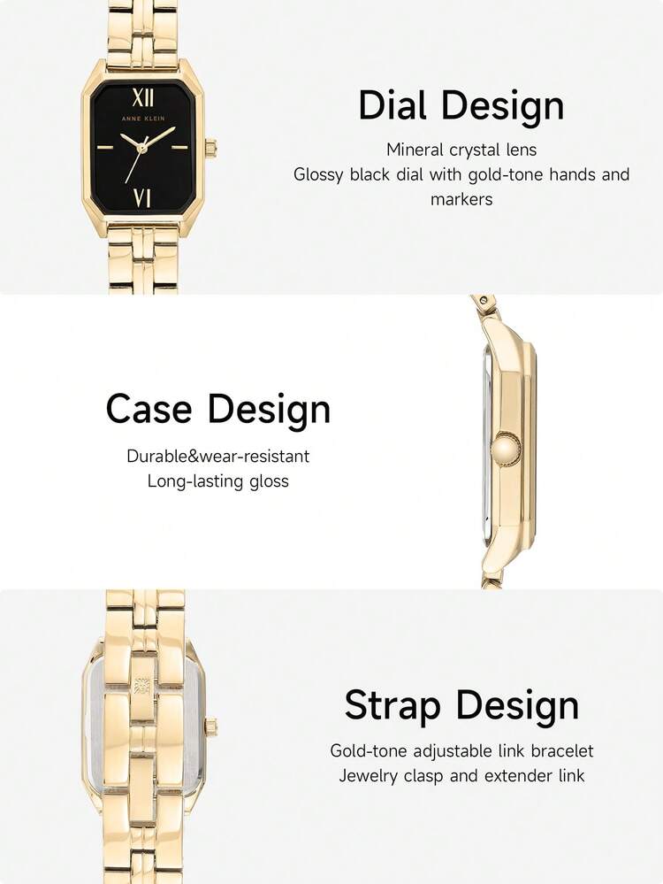 Anne Klein Women's Square Small Dial Watch, Fashionable And Casual Quartz Wristwatch, Steel Band Minimalist Square Quartz Watch, Travel Gift. - Gold - View 3