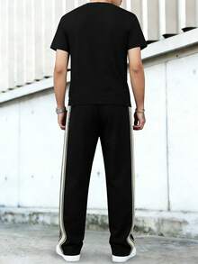 1 Set Men's Casual Outfit, Solid Color Printed Top For Daily Wear, Streetwear Short Sleeve Shirt, Minimalist Outdoor Hiking Sports Pants, Versatile Jogging Trousers, Striped Straight Leg Pants, Spring/Summer Black - Black - View 3