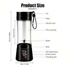 Black Ultra-Portable Compact Cordless USB Rechargeable Personal Blender - 380ml Capacity, 15000RPM High-Speed Motor With 6 Powerful Blades For Silky Smoothies & Shakes - Ideal For On-The-Go Picnics, Gym Sessions, And Outdoor Adventures - 黑色MINI - 查看 3