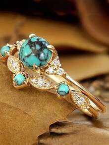 2 piezas/set Anillo de circonita cúbica de moda para mujer para boda, compromiso, aniversario, fiesta, joyería, regalo del Día de San Valentín - Amarillo Oro - Ver 2